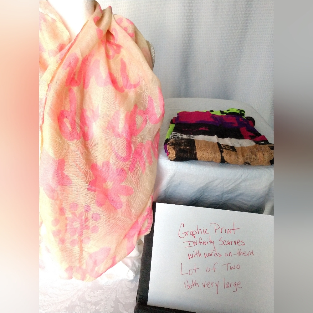 Graphic Print Infinity Scarf Lot of Two Scarves With Words Fashion Scarves